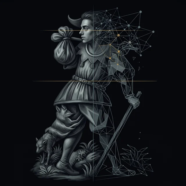 The Fool — Le Mat tarot figure emerging from shadows with geometric wireframe decomposition