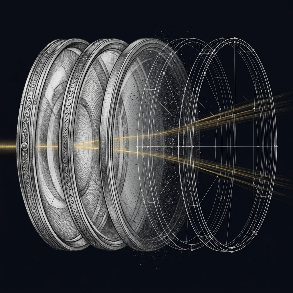 A series of optical lenses dissolving from ornate brass into geometric wireframe — frameworks as structured perspectives