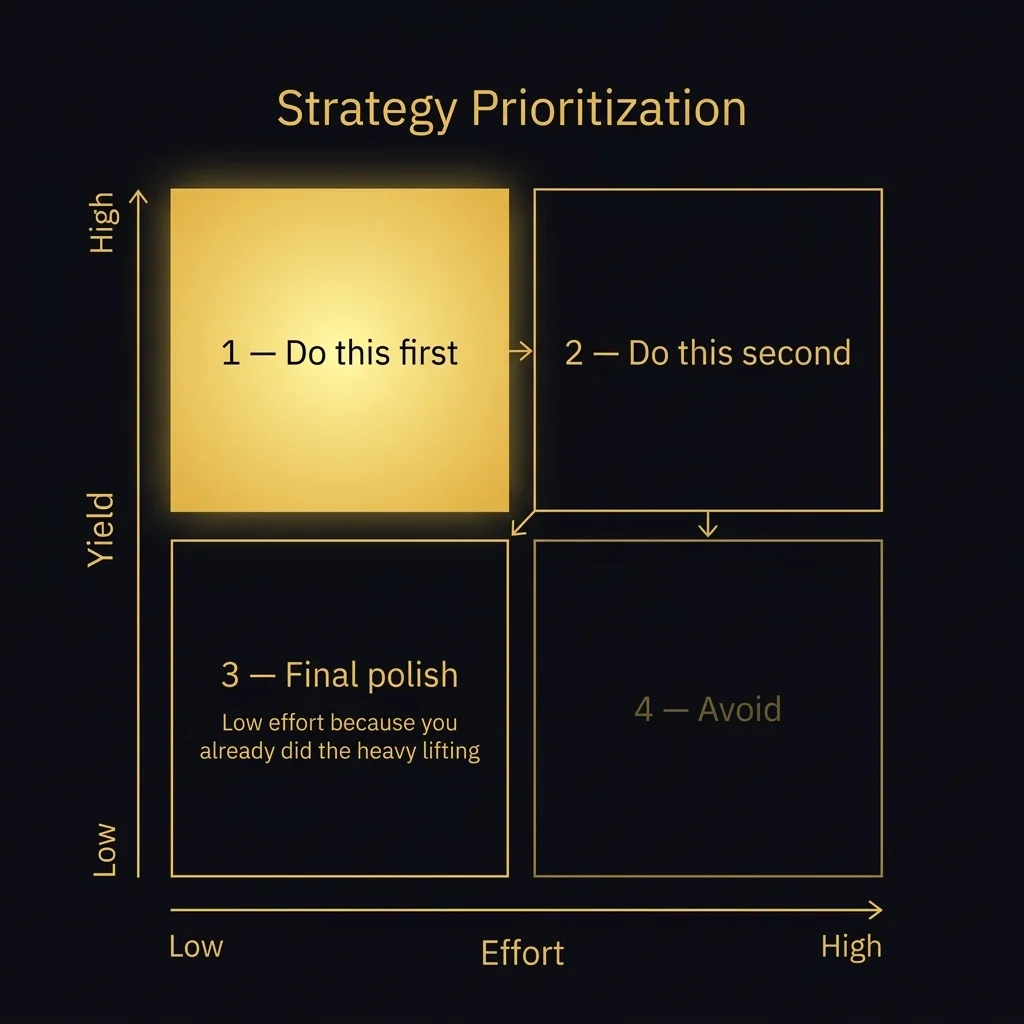 Strategy prioritization — a yield-versus-effort matrix showing the execution order.