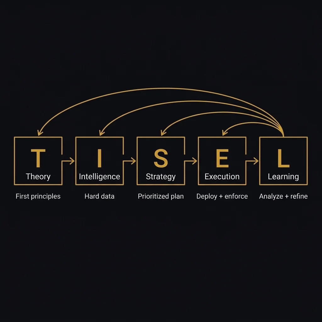The TISEL Cycle — T flows into I, into S, into E, into L, and L feeds back into all five stages.