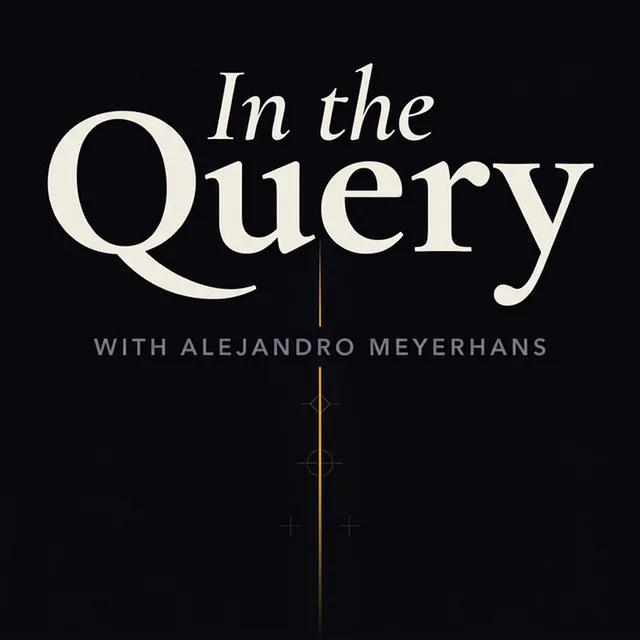 In the Query podcast cover — dark editorial design with gold typography