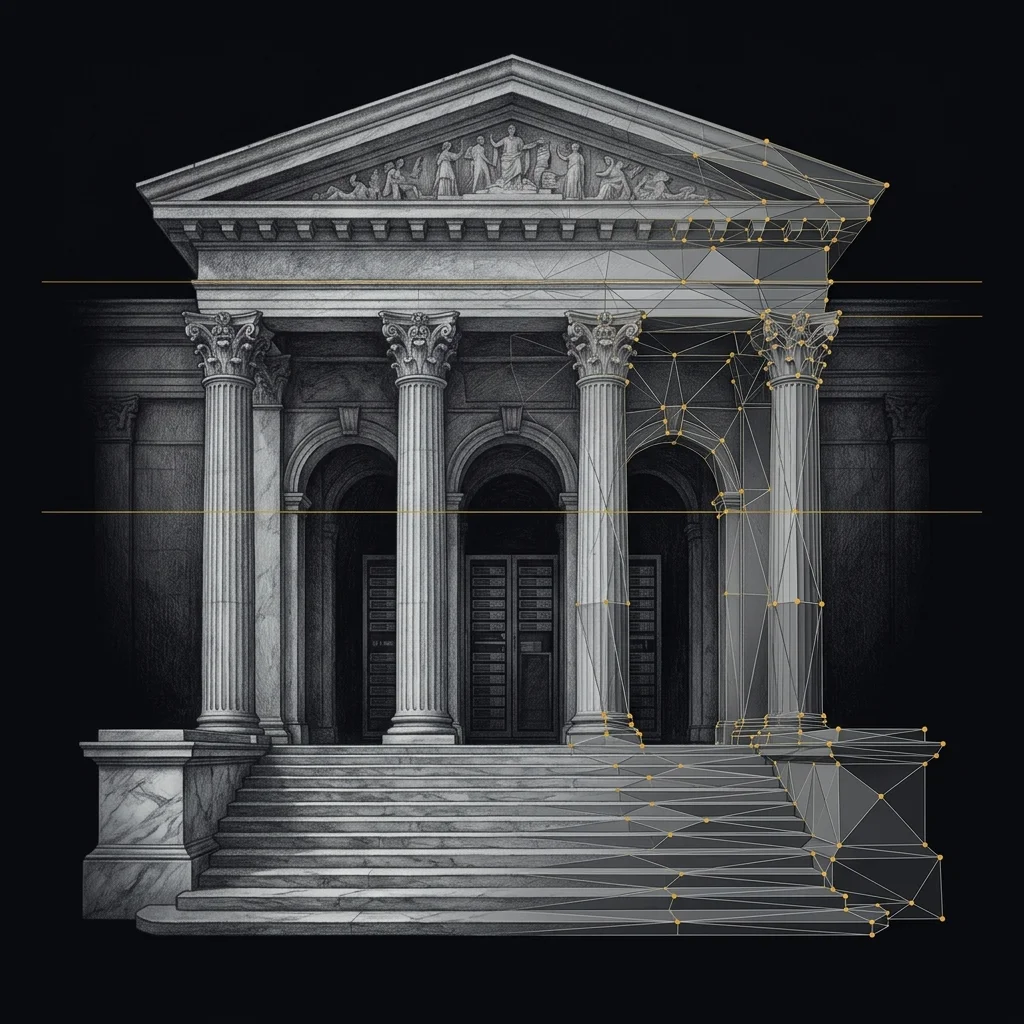 Classical architecture housing server racks — search intelligence visualization
