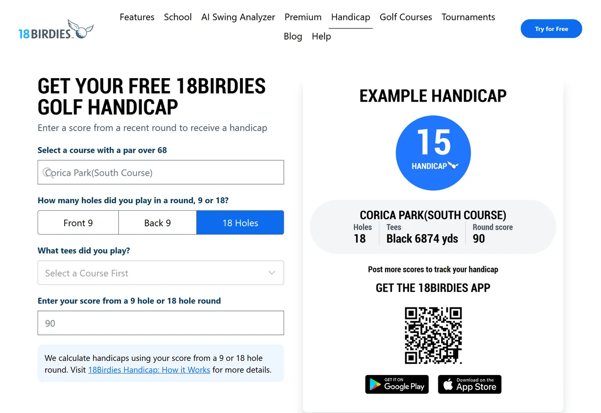 The 18birdies.com golf handicap calculator: enter a course and a recent score to get a handicap