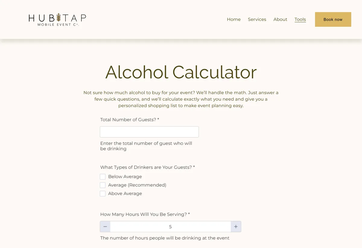 The hubtap.com wedding alcohol calculator: a form asking for total guests, drinker types, and hours served