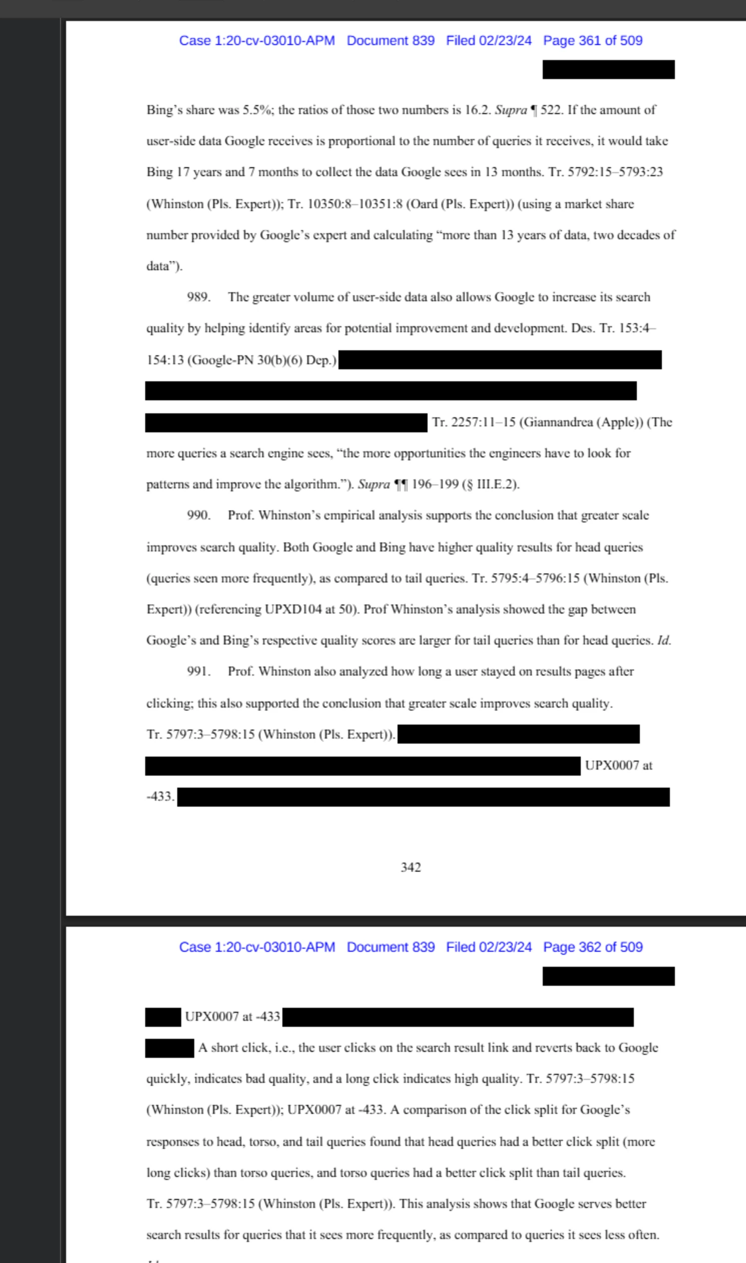 DOJ Proposed Findings of Fact, Page 361 — Expert testimony establishing that Bing would need 17 years and 7 months to collect the click data Google collects in 13 months