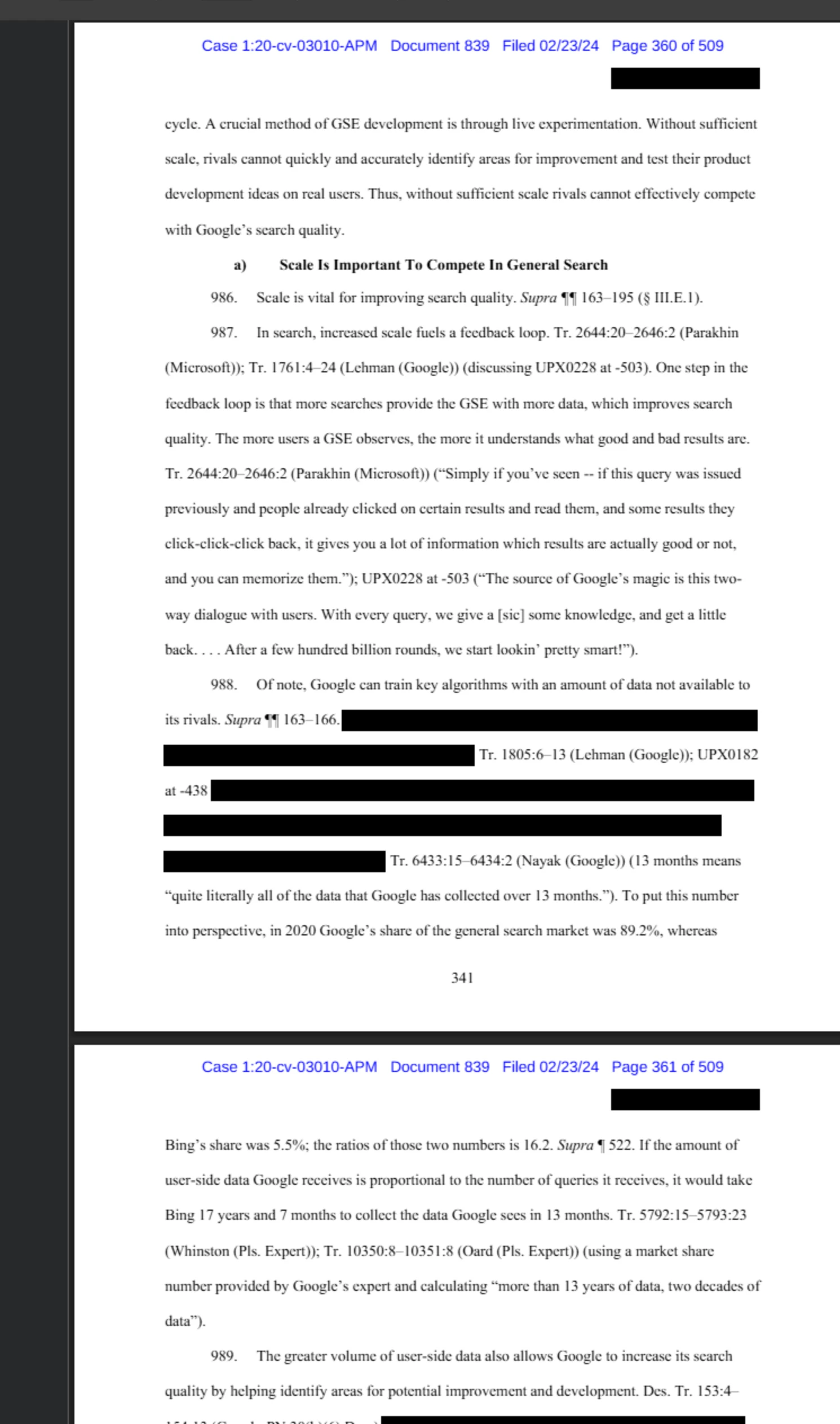 DOJ Proposed Findings of Fact, Page 360 — Nayak (Google) sworn testimony: 13 months means 'quite literally all of the data that Google has collected over 13 months'
