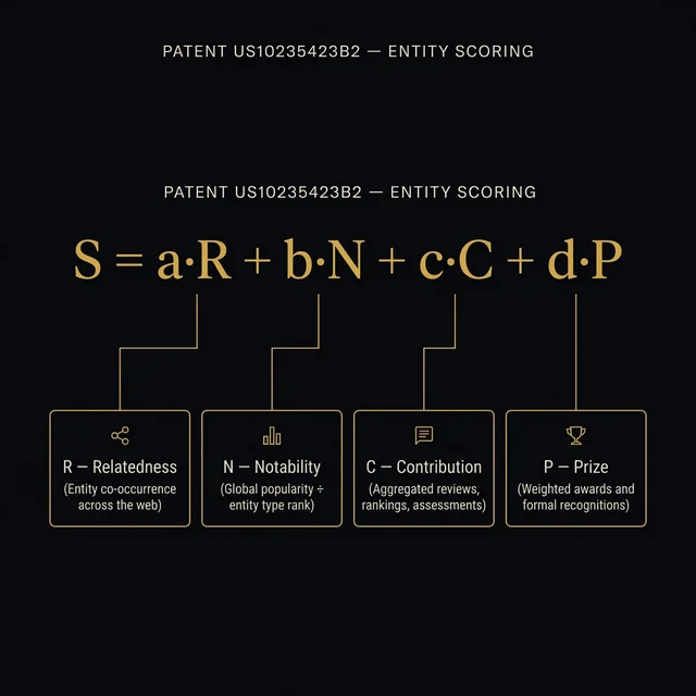 Infographic breakdown of Google's entity scoring formula S = a·R + b·N + c·C + d·P, showing what each variable measures: Relatedness (entity co-occurrence), Notability (global popularity), Contribution (reviews and rankings), and Prize (awards and recognitions)