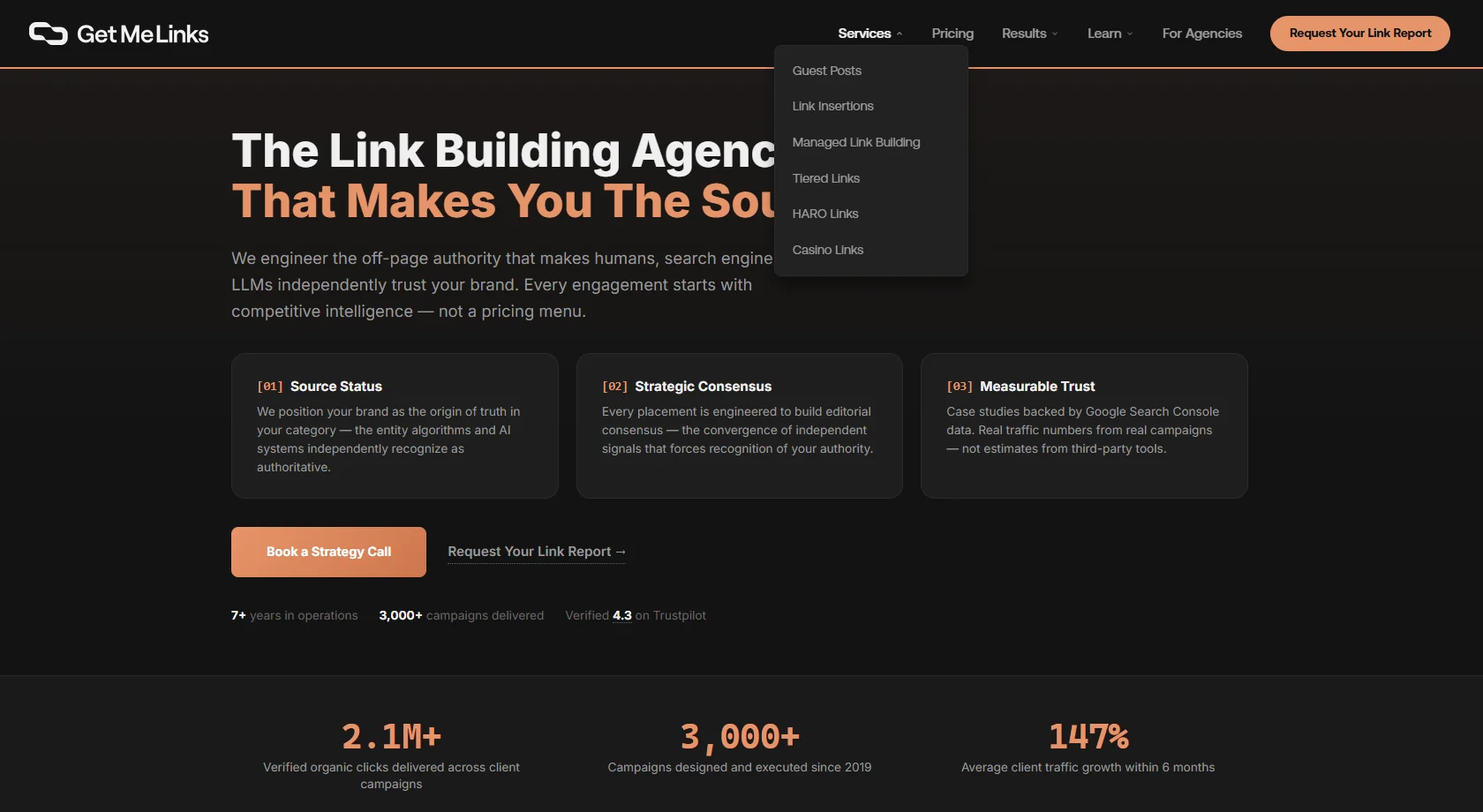GetMeLinks.com new navigation — focused menu with approximately 15 items across three clean dropdowns