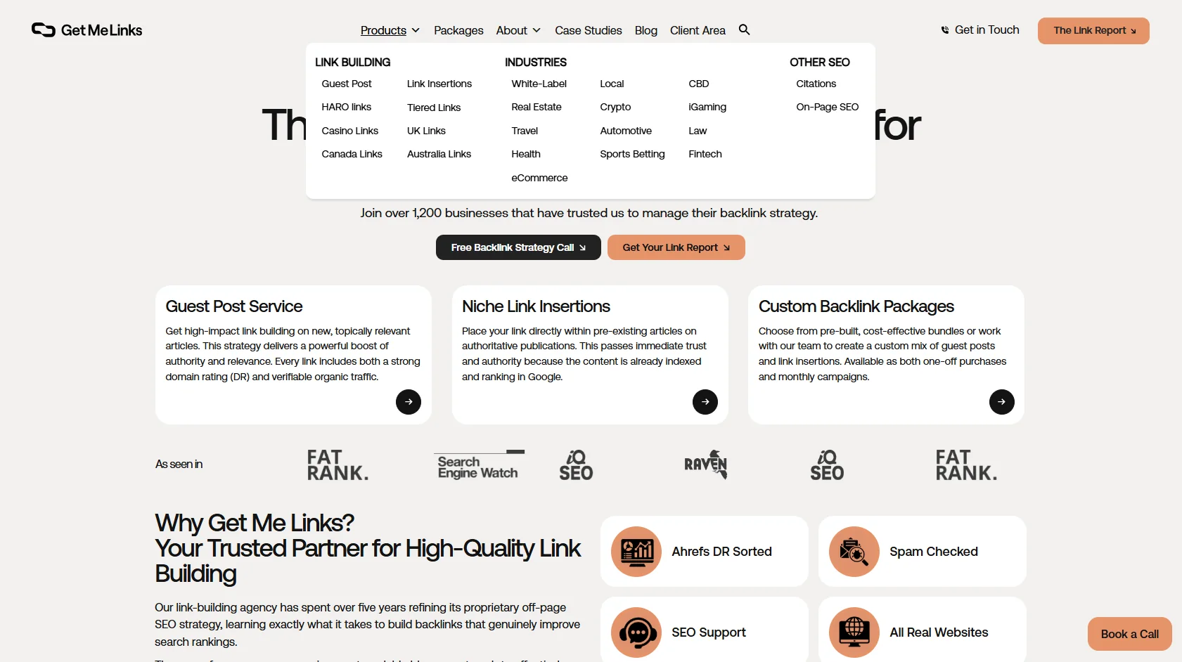 GetMeLinks.com old navigation — mega-menu with approximately 30 items across three columns