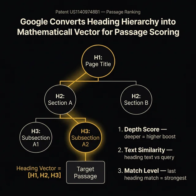 Diagram showing how Google converts heading hierarchy (H1→H2→H3) into a mathematical heading vector for passage scoring, with three scoring dimensions: depth score, text similarity, and match level