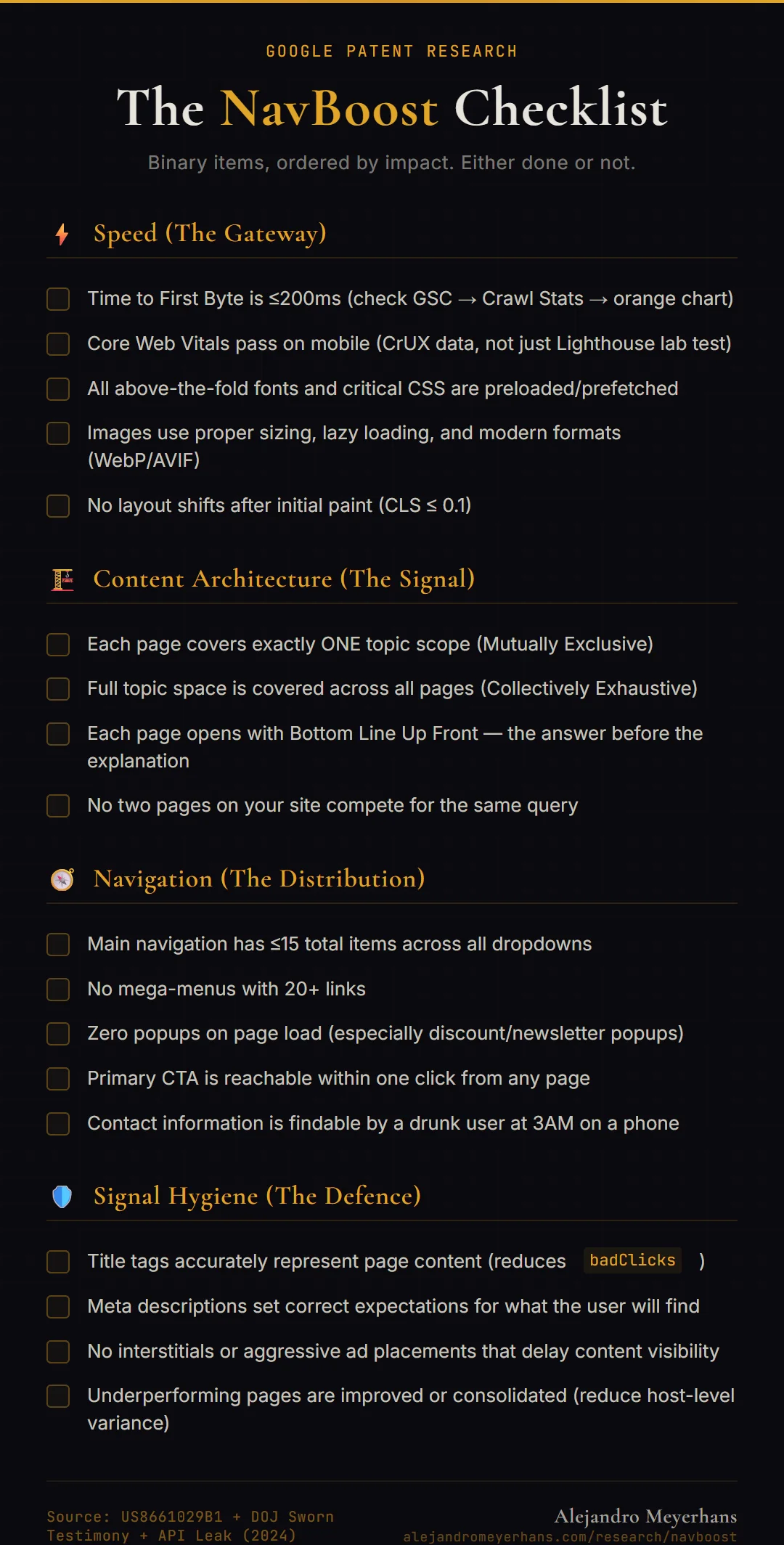 The NavBoost Checklist — 18 binary items across Speed, Content Architecture, Navigation, and Signal Hygiene, ordered by impact