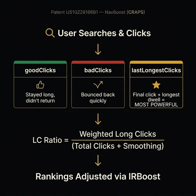 Diagram showing Google's NavBoost click signal system: goodClicks (stayed long), badClicks (bounced quickly), and lastLongestClicks (final click with longest dwell time — the most powerful signal), feeding into the LC Ratio formula and IRBoost ranking adjustment