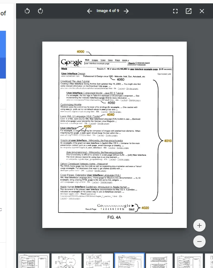 FIG. 4A from US Patent 8,938,463 B1 — Annotated search engine results page showing position-dependent elements: the search results container (4000), individual result positions (4010, 4030, 4040, 4050, 4060), and pagination controls (4020). Each position receives different click rates based on visual placement.