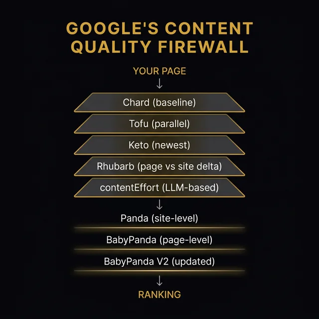 Diagram showing Google's multi-layered content quality firewall: 5 quality models (Chard, Tofu, Keto, Rhubarb, contentEffort) plus 3 Panda filters (Panda, BabyPanda, BabyPanda V2) that every page must pass to rank