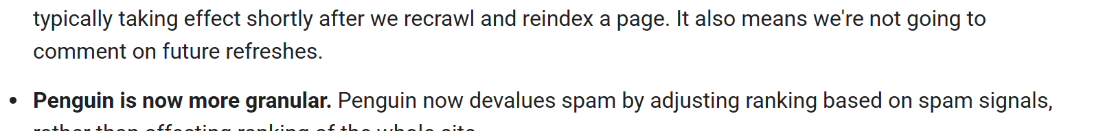 Screenshot from Google's 2016 announcement that Penguin now devalues spam rather than affecting the whole site.