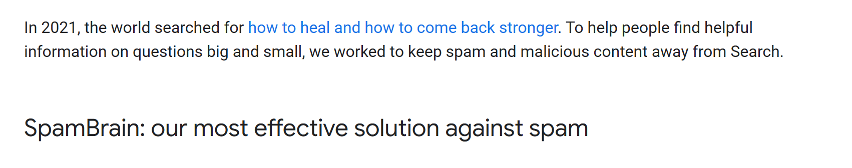Screenshot from Google Search Central's 2021 webspam report stating SpamBrain was launched in 2018.
