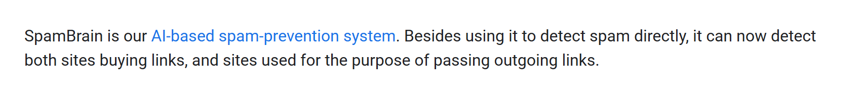 Screenshot from Google stating SpamBrain can detect both sites buying links and sites passing outgoing links.