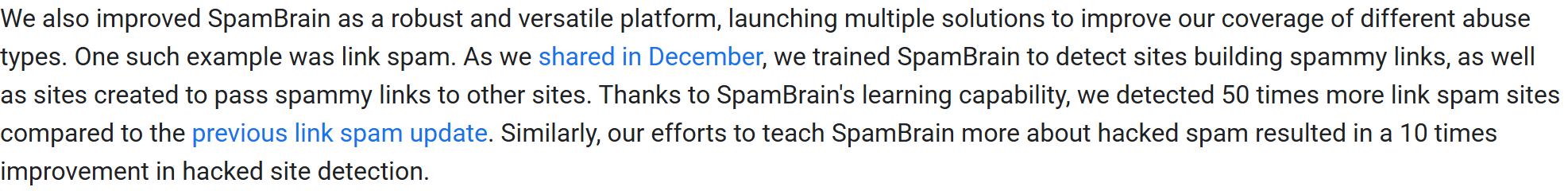 Screenshot from Google's 2022 webspam report claiming 50 times more link spam sites detected.