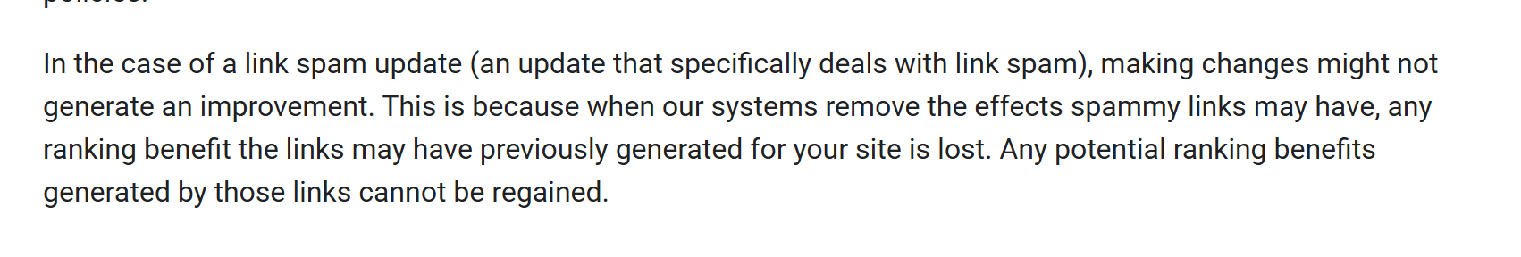 Screenshot from Google documentation stating ranking benefits from neutralized links cannot be regained.