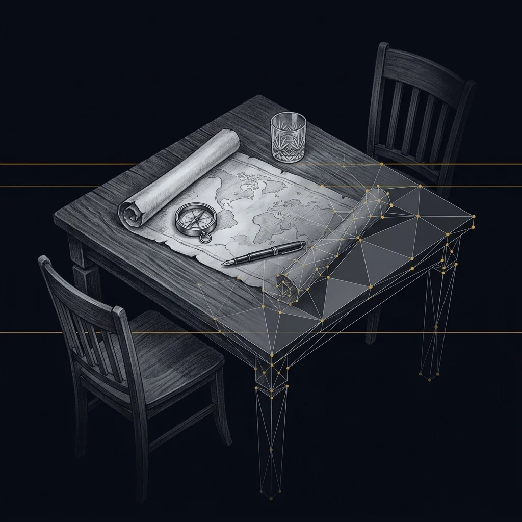 A strategy table with two chairs, compass and map — an invitation to work together