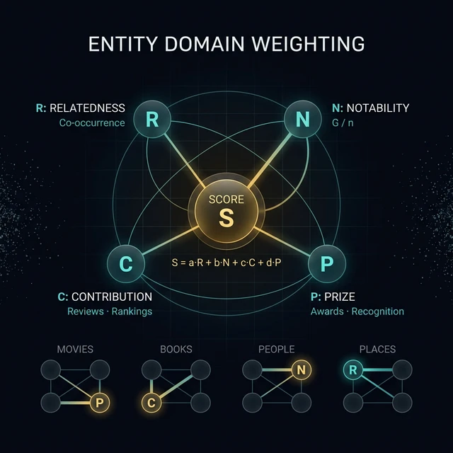 Stylized diagram showing how different entity domains (Movies, Books, People, Places) connect with different weight emphasis to the four metrics R, N, C, P, all feeding into the central Score S formula