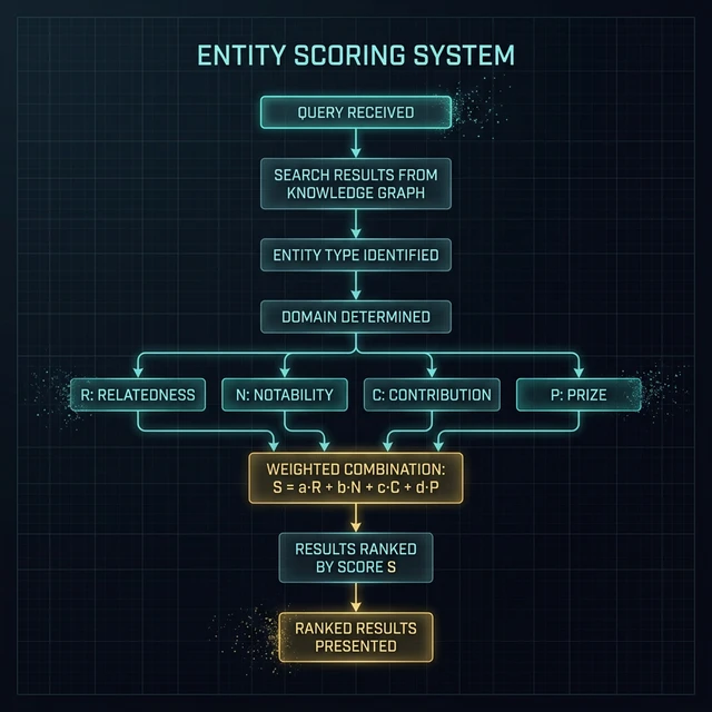 Stylized flow diagram showing Google's entity scoring process: Query Received → Search Results from Knowledge Graph → Entity Type Identified → Domain Determined → four parallel metric calculations (R: Relatedness, N: Notability, C: Contribution, P: Prize) converging into Weighted Combination S = a·R + b·N + c·C + d·P → Results Ranked by Score S → Ranked Results Presented