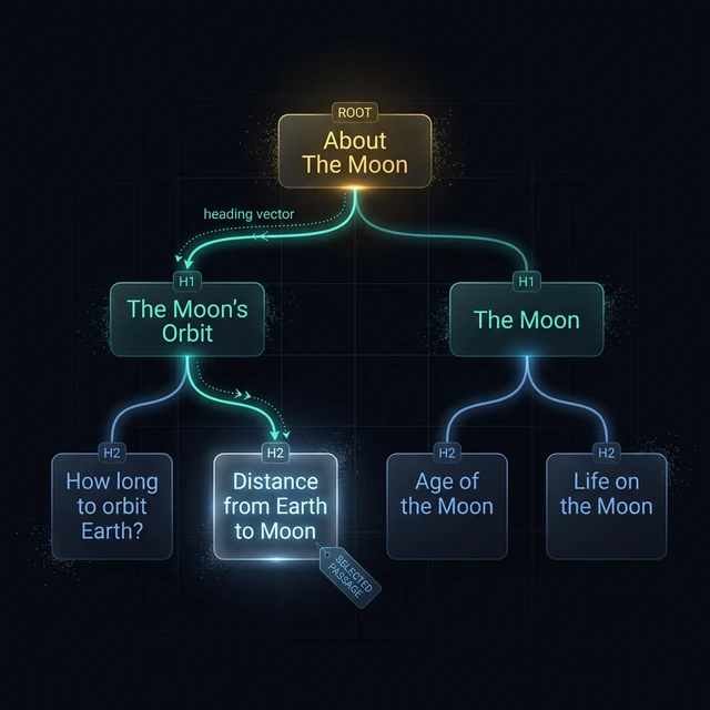 Stylized tree diagram on dark background showing heading hierarchy: ROOT 'About The Moon' branches to two H1 nodes: 'The Moon's Orbit' and 'The Moon'. The first H1 has two H2 children: 'How long to orbit Earth?' and 'Distance from Earth to Moon'. The second H1 has two H2 children: 'Age of the Moon' and 'Life on the Moon'. A gold highlighted path shows the heading vector ROOT → H1 The Moon's Orbit → H2 Distance from Earth to Moon.