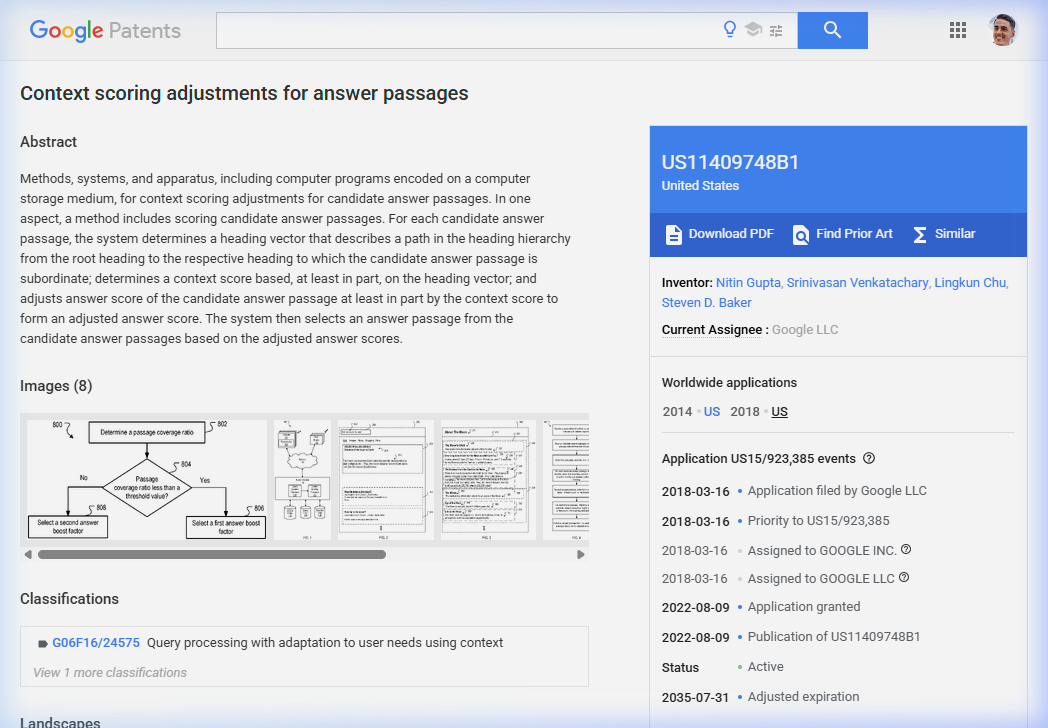 Screenshot of Google Patents showing US11409748B1 — Context Scoring Adjustments for Answer Passages, including the abstract, inventor names Nitin Gupta, Srinivasan Venkatachary, Lingkun Chu, and Steven Baker, assignee Google LLC, original filing January 31 2014, granted August 9 2022, and active status