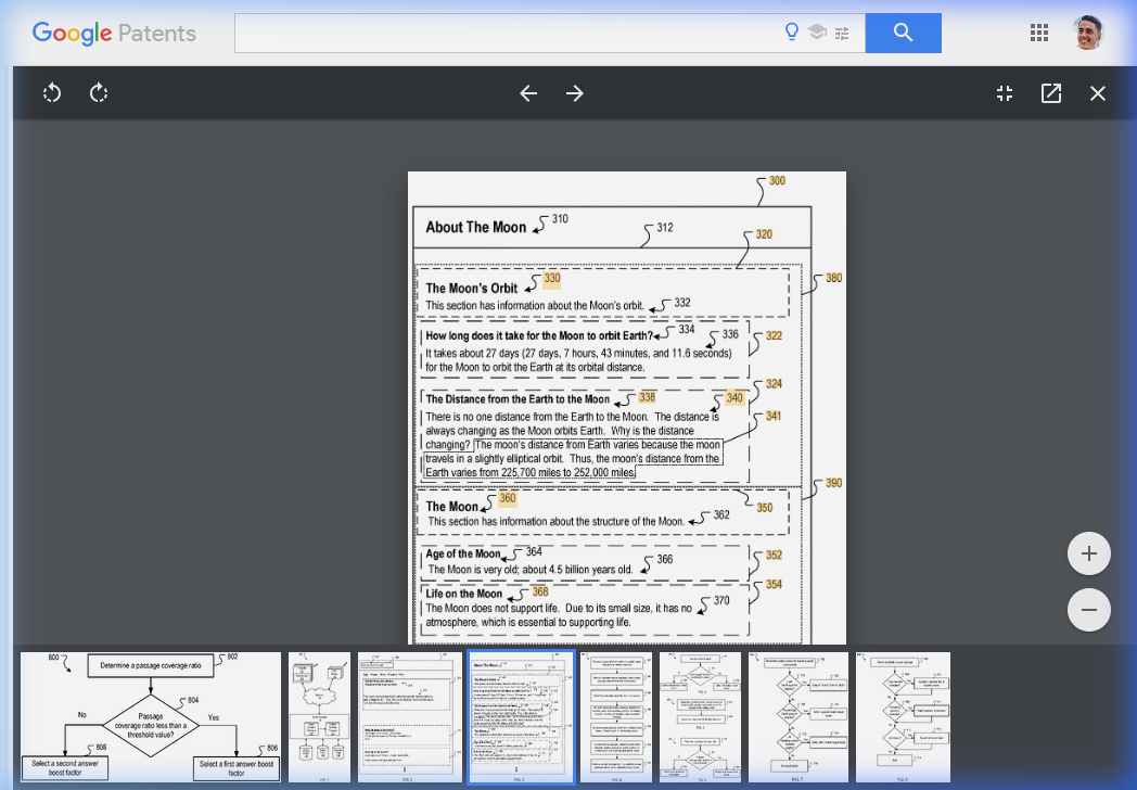 Screenshot of FIG. 3 from US Patent 11,409,748 B1 showing the 'About The Moon' example page with heading hierarchy: root heading 300 'About The Moon', H1 'The Moon's Orbit' with H2 children 'How long does it take for the Moon to orbit Earth?' and 'The Distance from the Earth to the Moon', and H1 'The Moon' with H2 children 'Age of the Moon' and 'Life on the Moon'. Reference numbers 310-370 label each structural element.