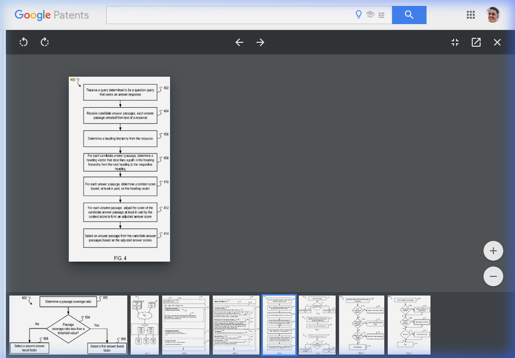 Screenshot of FIG. 4 from US Patent 11,409,748 B1 showing the context scoring flow: steps 402 through 414 describing how Google receives a query, obtains candidate passages, determines heading hierarchy, computes heading vectors, calculates context scores, adjusts answer scores, and selects the final passage