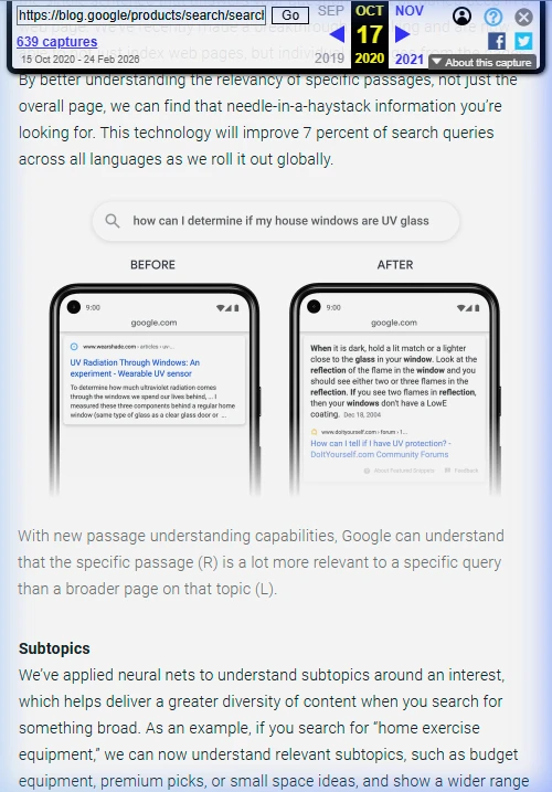Screenshot of the Wayback Machine archive of Google's Search On 2020 blog post from October 17, 2020, showing the Wayback Machine toolbar with the captured date and the text: 'This technology will improve 7 percent of search queries across all languages as we roll it out globally.' The passage appears in the context of Google's announcement about passage understanding.