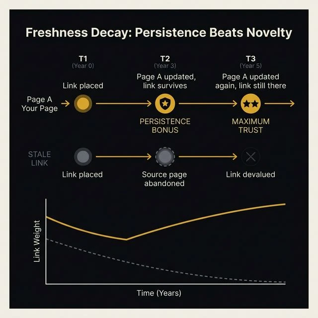 Stylized diagram showing freshness decay with persistence bonus: a persistent link gains trust at each editorial review while a stale link decays steadily toward zero weight over time