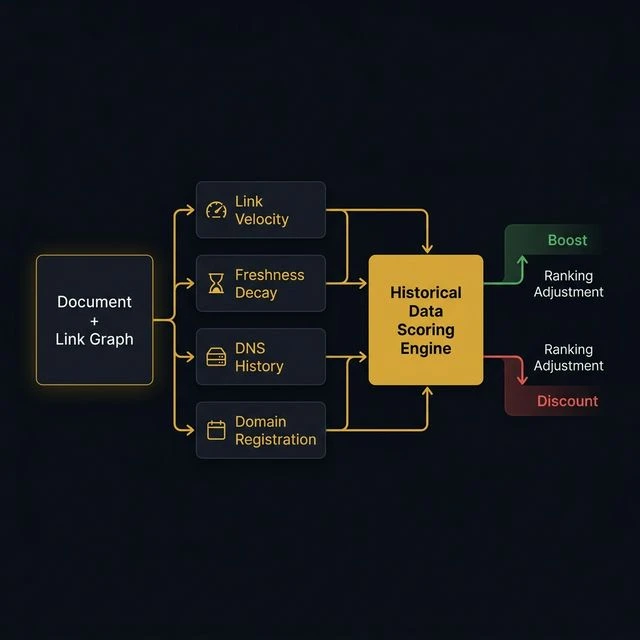 Diagram showing the Historical Data patent scoring pipeline. Four parallel input signals — Link Velocity, Freshness Decay, DNS History, and Domain Registration — feed into a central Historical Data Scoring Engine, which produces either a ranking boost or a ranking discount.