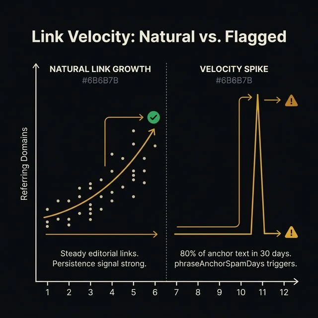 Stylized timeline diagram comparing natural link growth pattern showing a gradual upward curve over 12 months versus a velocity spike pattern where 80 percent of anchor text accumulates in 30 days, triggering phraseAnchorSpamDays