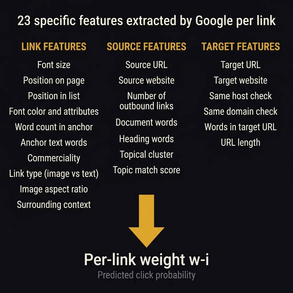 Stylized infographic showing the 23 features Google extracts per link organized in three columns: Link Features, Source Features, and Target Features, all flowing into a per-link weight representing predicted click probability