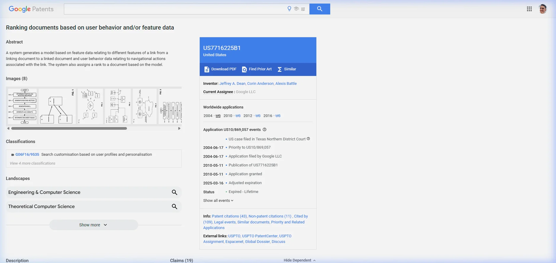 Screenshot of Google Patents showing US7716225B1 — Ranking documents based on user behavior and/or feature data, including the abstract, inventors Jeffrey A. Dean, Corin Anderson, and Alexis Battle, assignee Google LLC, filing date June 17, 2004, and Expired — Lifetime status