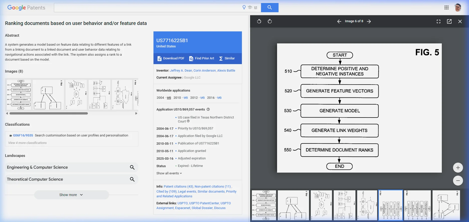 Screenshot of FIG. 5 from US Patent 7716225B1 showing a flowchart of exemplary processing for determining document ranks with steps: store information, determine positive and negative instances, generate feature vectors, generate model, generate weights, determine document ranks