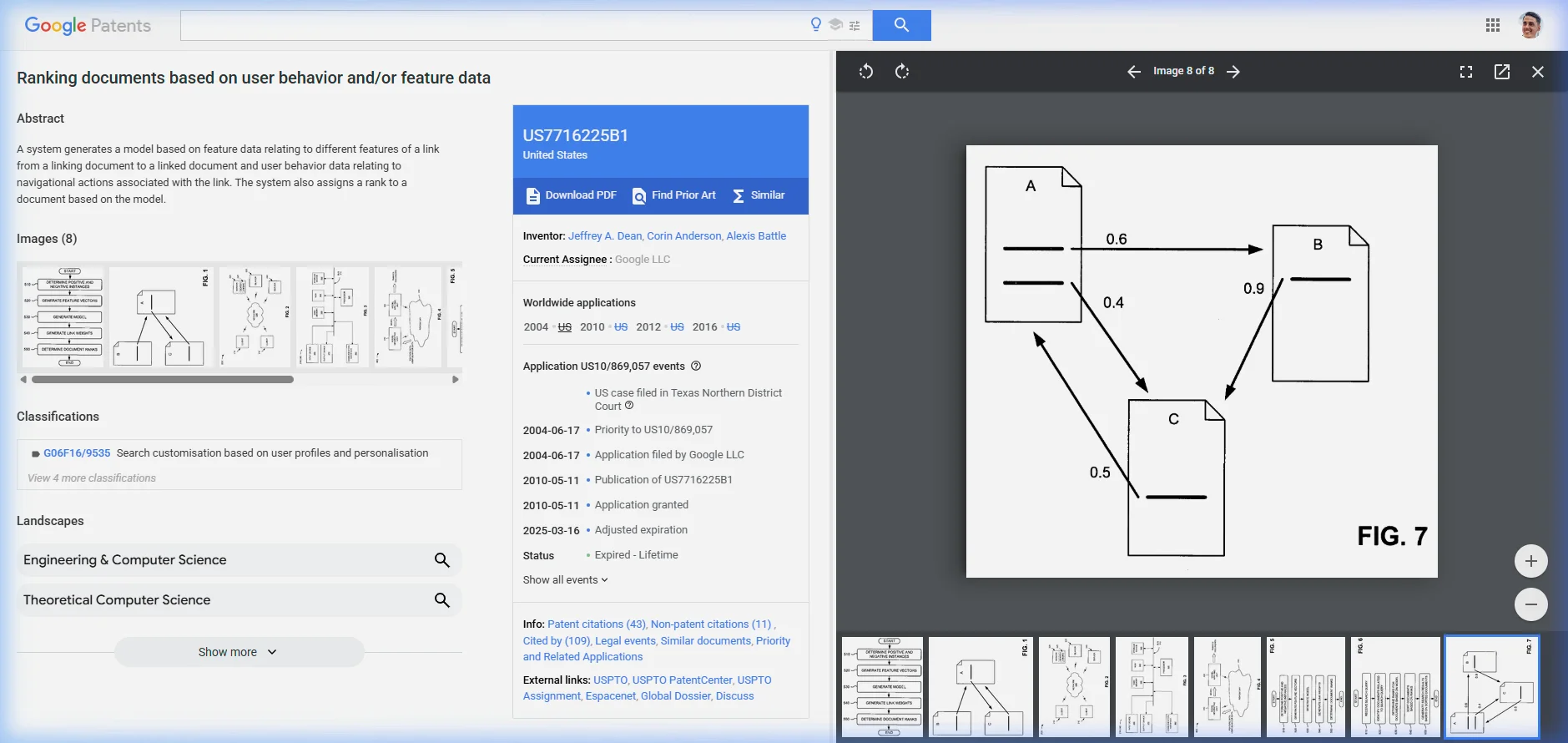 Screenshot of FIG. 7 from US Patent 7716225B1 showing a linked database diagram with three documents A, B, and C connected by weighted links: C to A with weight 0.5, A to B with weight 0.6, B to C with weight 0.9, and A to C with weight 0.4