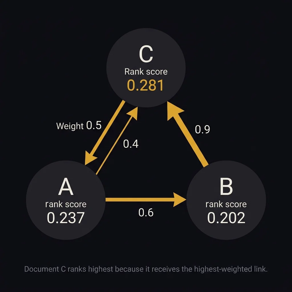 Stylized network diagram showing three document nodes A, B, and C with per-link weights and resulting ranks, where Document C ranks highest at 0.281 because it receives the highest-weighted link at w=0.9