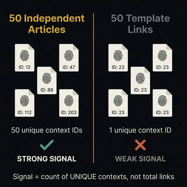 Stylized split comparison diagram. Left side labeled '50 Independent Articles' shows five document icons with unique fingerprint IDs (12, 47, 89, 112, 203), resulting in 50 unique context IDs and a green checkmark labeled STRONG SIGNAL. Right side labeled '50 Template Links' shows five identical document icons all sharing ID 23, resulting in 1 unique context ID and a red X labeled WEAK SIGNAL. A gold divider separates the sides. Bottom text reads: Signal equals count of UNIQUE contexts, not total links.