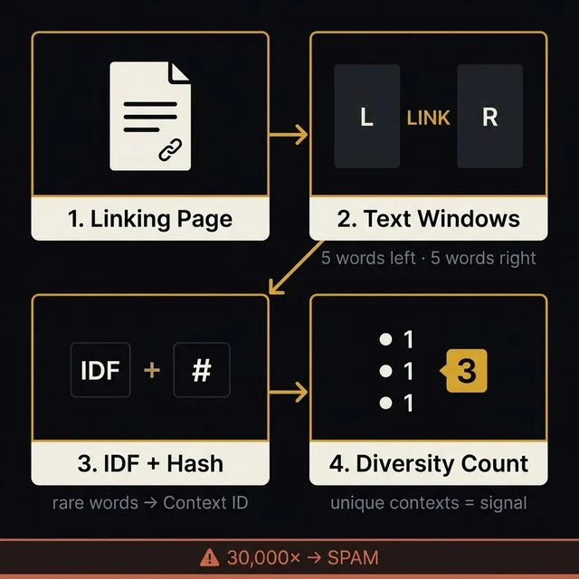 Stylized dark editorial diagram showing the Context Fingerprint Pipeline in four stages: Linking Page (parse HTML, find outbound links), Text Windows (5 words left, 5 words right), IDF Extraction plus Hash (rarest word left plus rarest word right equals Context ID), and Diversity Count (unique contexts equal ranking signal). A warning at the bottom notes that if one context appears 30,000 times while others appear 10 times, it is discounted as spam.