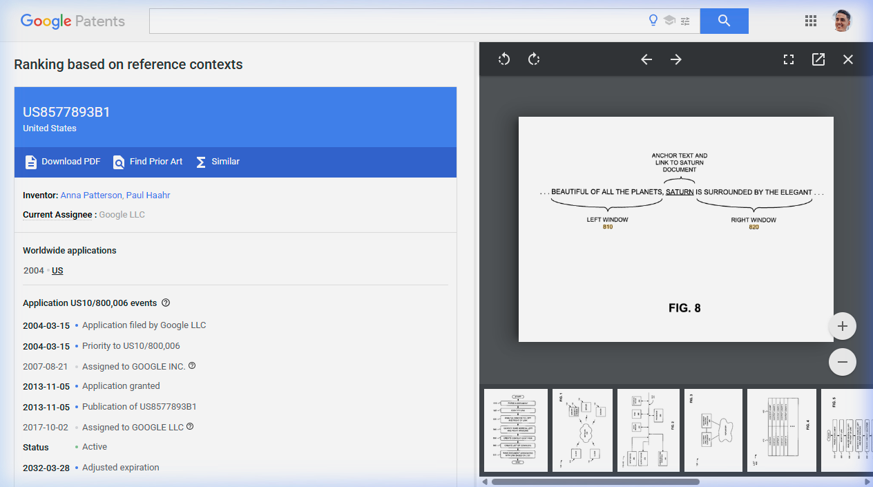 Screenshot of FIG. 8 from US Patent 8577893B1 showing the text window extraction mechanism. At the top: a box labeled 'Anchor text and link to Saturn document.' Below: the text string '... beautiful of all the planets, SATURN is surrounded by the elegant...' with brackets indicating LEFT WINDOW 810 spanning five words before the anchor and RIGHT WINDOW 820 spanning five words after the anchor.