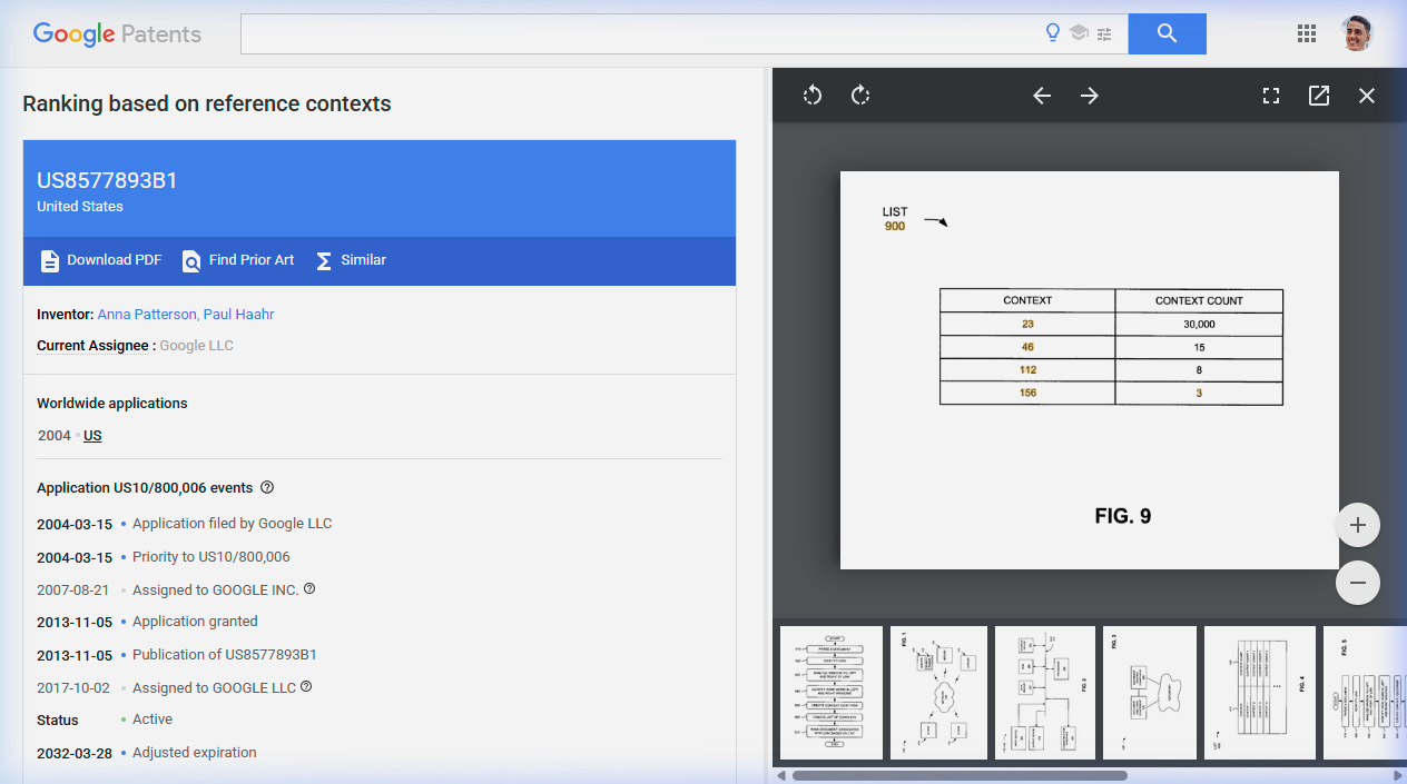 Screenshot of FIG. 9 from US Patent 8577893B1 showing LIST 900, a table with two columns: CONTEXT and CONTEXT COUNT. Four rows: Context 23 with count 30,000; Context 46 with count 15; Context 112 with count 8; Context 156 with count 3. This illustrates the statistical outlier detection mechanism where Context 23 is flagged as suspicious due to its disproportionate count relative to other contexts.