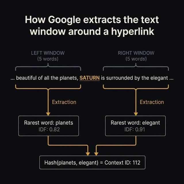 Stylized diagram showing the text window extraction process. A horizontal text line reads 'beautiful of all the planets, SATURN is surrounded by the elegant' with the word SATURN highlighted in gold as the link. Left bracket labeled LEFT WINDOW 5 words covers the text before SATURN. Right bracket labeled RIGHT WINDOW 5 words covers text after. Arrows point down to two IDF extraction boxes: rarest word 'planets' and rarest word 'elegant', which both feed into a hash function producing Context ID 112.