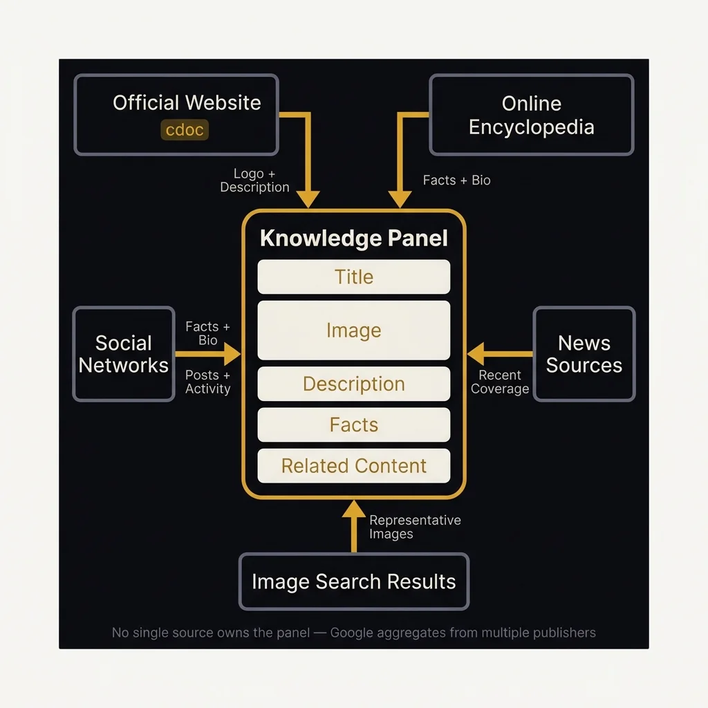 Stylized diagram showing multi-source content aggregation for a Knowledge Panel: a central Knowledge Panel box receives content from five surrounding sources — Official Website, Online Encyclopedia, Social Networks, News Sources, and Image Search Results — each contributing different content types, in a dark editorial style