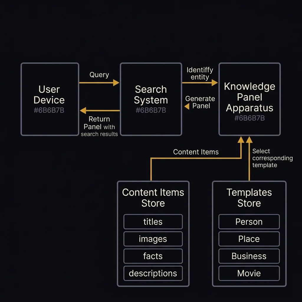 Stylized system architecture diagram showing the Knowledge Panel generation pipeline: User Device sends query to Search System, which communicates with Knowledge Panel Apparatus that pulls from Content Items Store and Templates Store, then returns a Knowledge Panel alongside search results, in a dark editorial style