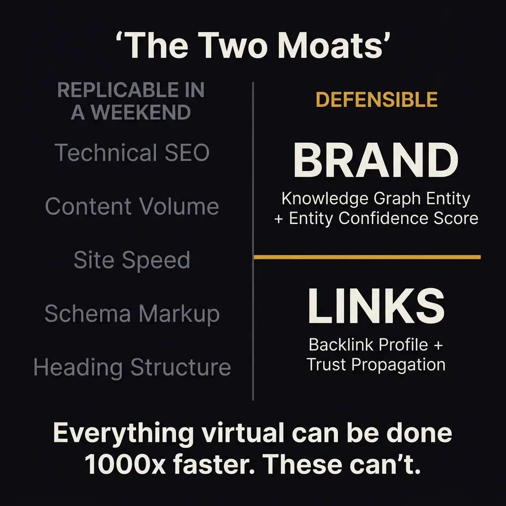 Stylized conceptual diagram showing The Two Moats thesis — left side shows replicable elements in muted gray (Technical SEO, Content Volume, Site Speed, Schema Markup, Heading Structure) while right side shows defensible elements in bright gold (Brand with Knowledge Graph Entity and Entity Confidence Score, and Links with Backlink Profile and Trust Propagation), in a dark editorial style