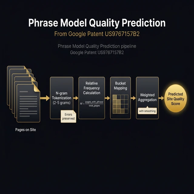 Diagram showing the Phrase Model Quality Prediction pipeline: Pages → N-gram Tokenization → Relative Frequency Calculation → Bucket Mapping → Weighted Aggregation → Predicted Site Quality Score