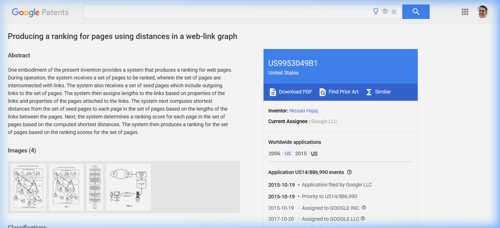 Screenshot of Google Patents showing US9953049B1 — Producing a ranking for pages using distances in a web-link graph, including the abstract describing a system that ranks pages based on shortest distances from seed pages, inventor Nissan Hajaj, assignee Google LLC, filed 2006, granted 2018