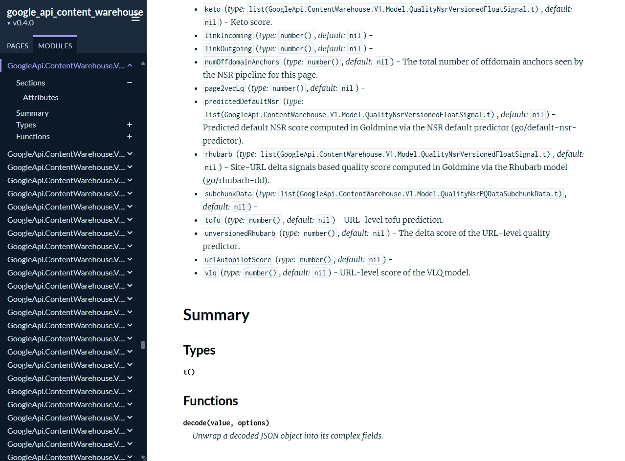 Screenshot of the QualityNsrPQData module continuing with rhubarb, tofu, page2vecLq, predictedDefaultNsr, and vlq attributes visible in the leaked API documentation